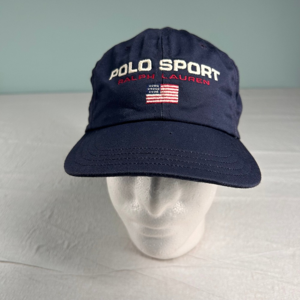 Vintage Polo Sport Ralph Lauren Hat Navy American Flag Strapback Cap 90s Dad USA